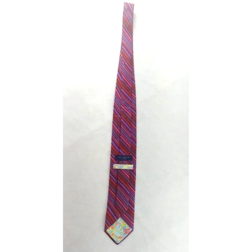 Ted Baker London Mens 100% Silk Tie Diagonal Striping Red Multicolor Floral Back
